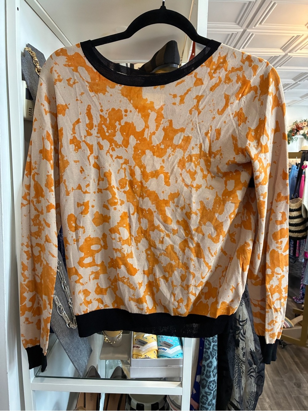 Cream & Orange Abstract Print Sweater with Black Trim